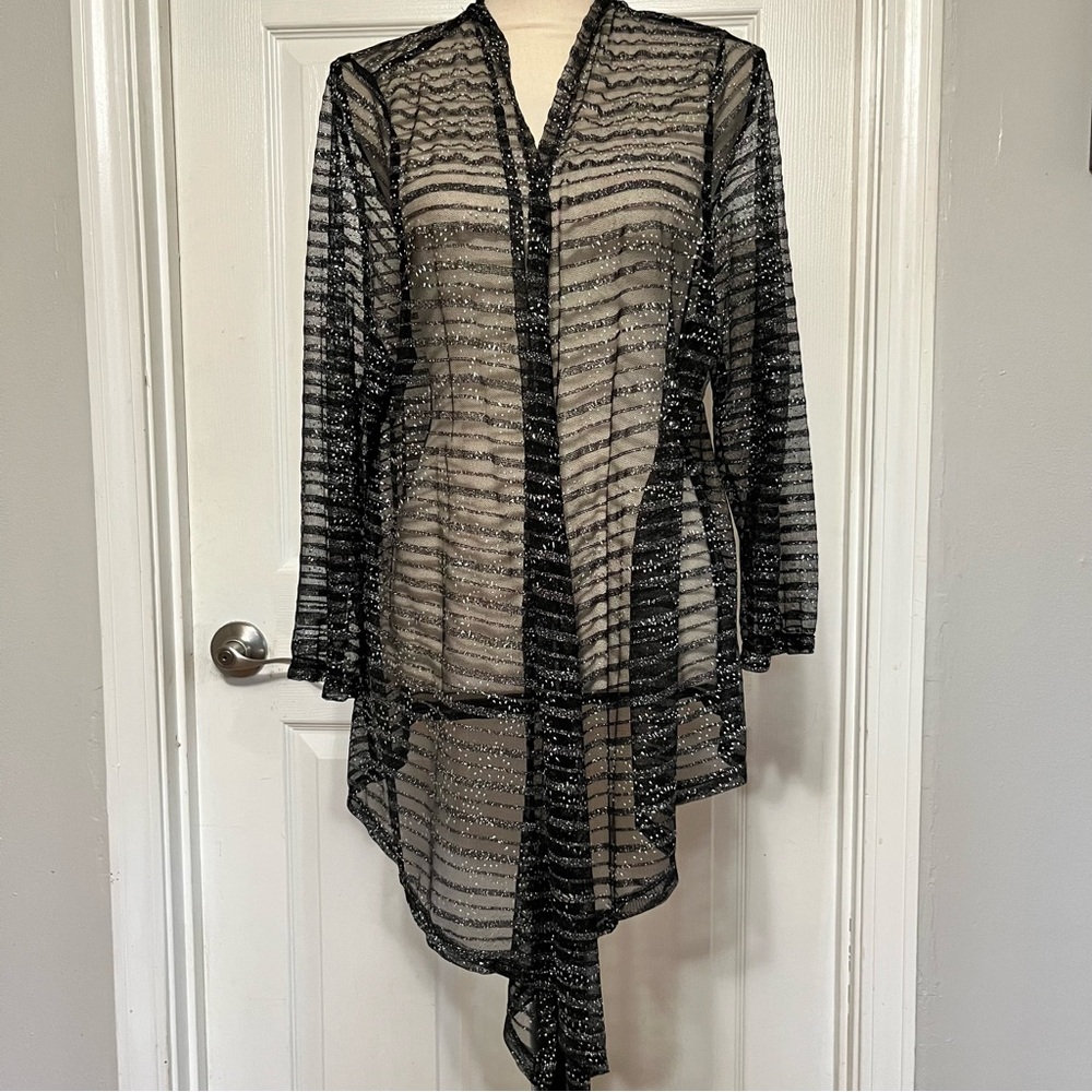 Chicos Travelers Black & Silver Size 3 3/4 Sleeve Sheer Shrug/Cardigan